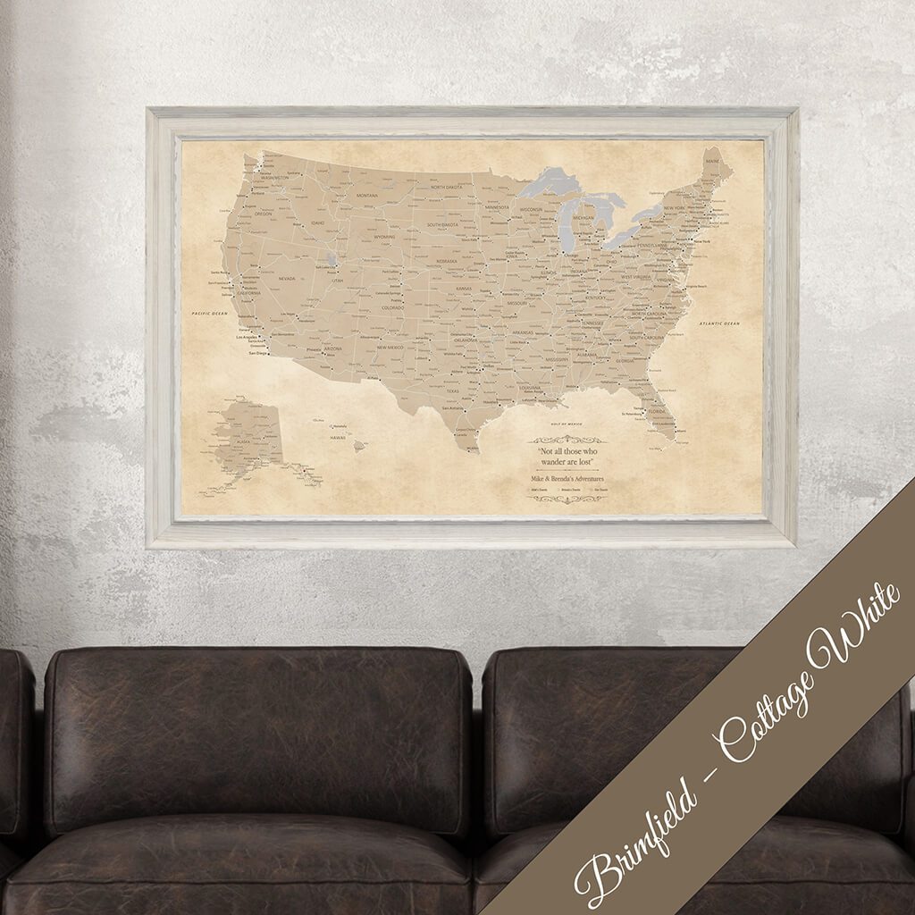 Canvas Vintage USA Framed Map Print for Pinning in Brimfield Cottage White Frame