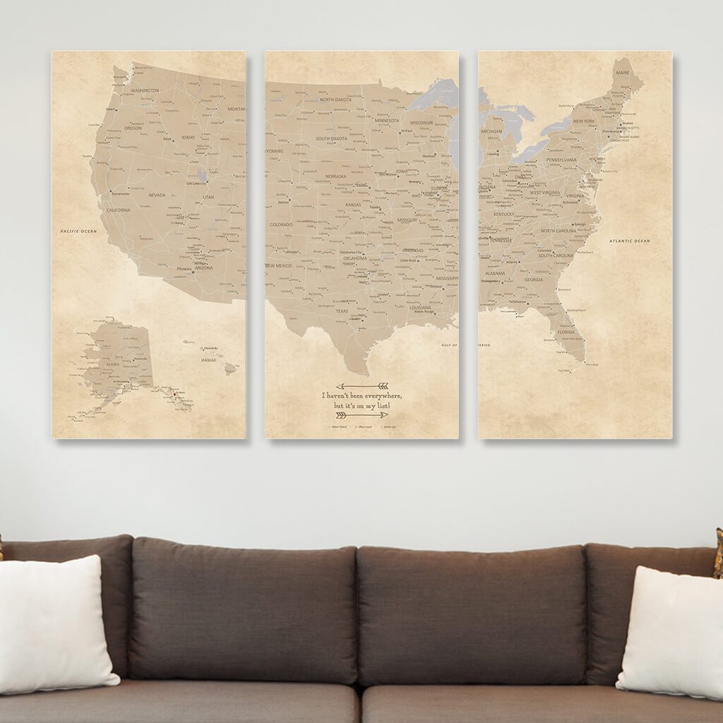 Large 3 Panel Canvas Vintage US Travel Map with Pins