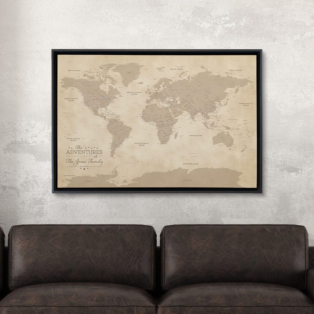 Black Float Frame - 24x36 Gallery Wrapped Vintage World Map
