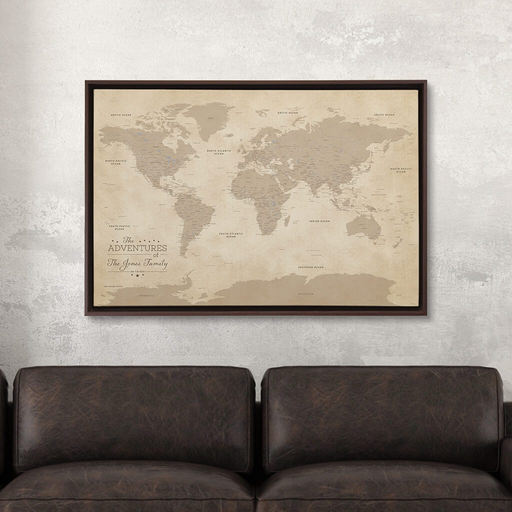 Brown Float Frame - 24x36 Gallery Wrapped Vintage World Map