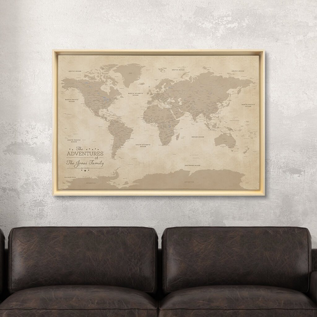 Natural Tan Float Frame - 24x36 Gallery Wrapped Vintage World Map