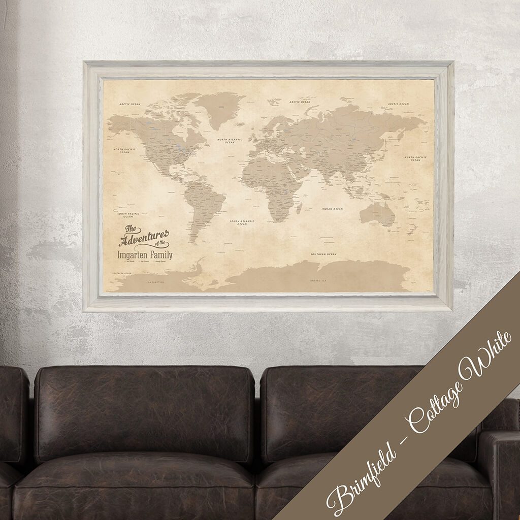 Canvas Vintage World Map with Pins Brimfield White Frame