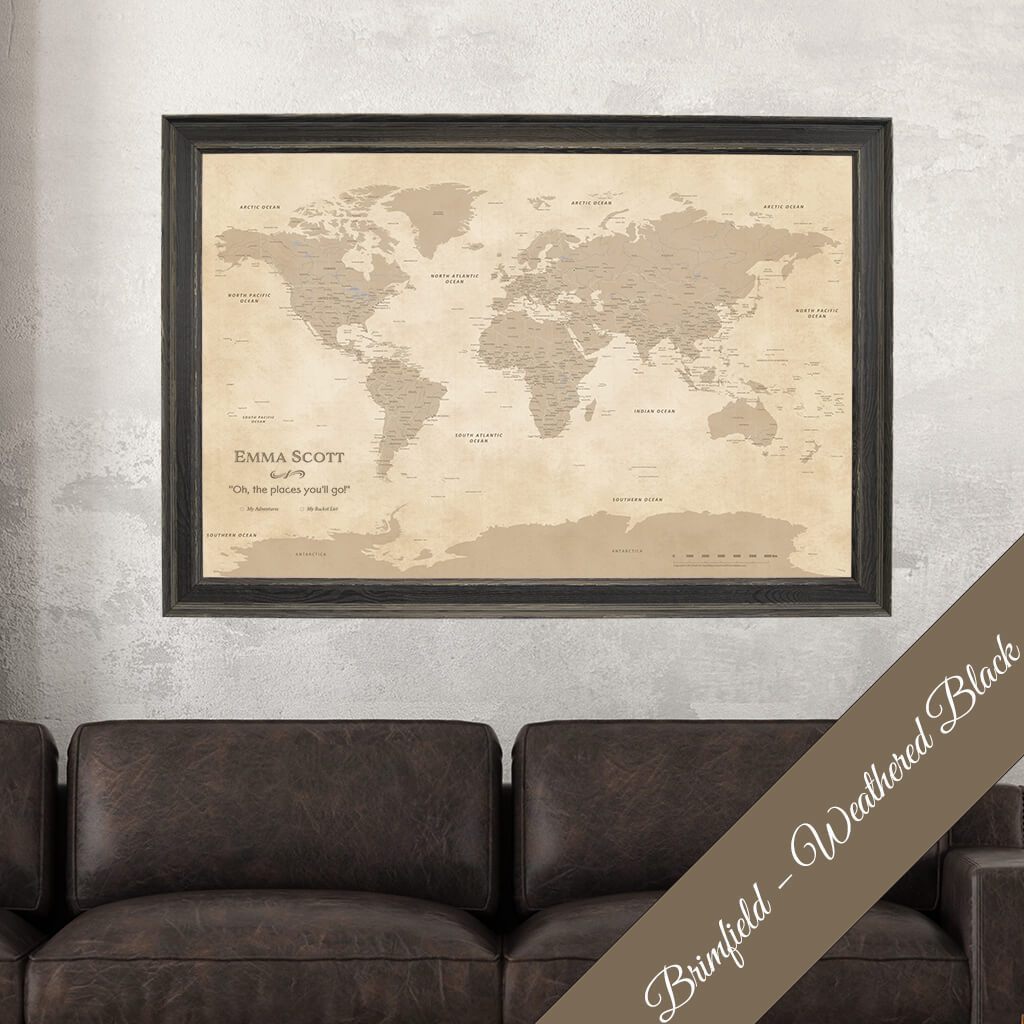 Canvas Vintage World Map with Pins in Premium Brimfield Black Frame
