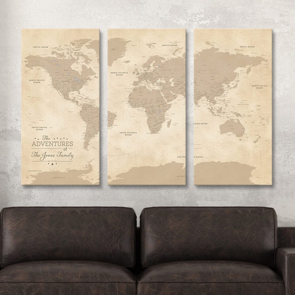 Large 3 Panel Gallery Wrapped Vintage World Map with Pins