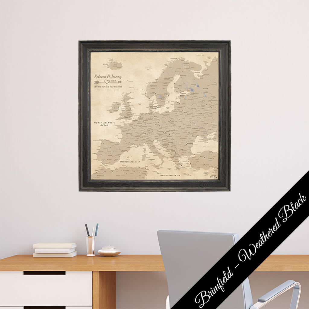 Framed Vintage Europe Canvas Map in Square Premium Brimfield Black Frame