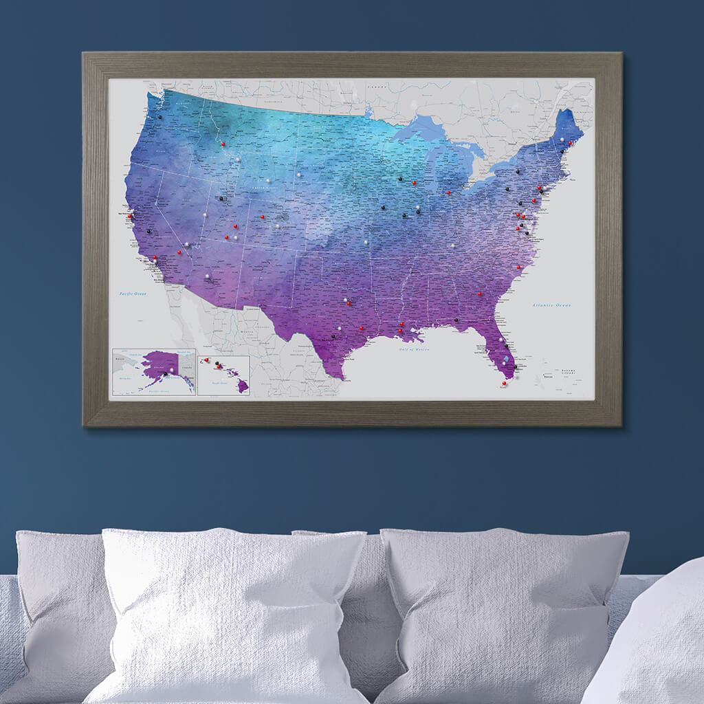 Vibrant Violet Watercolor USA Push Pin Travel Map in Barnwood Gray Frame