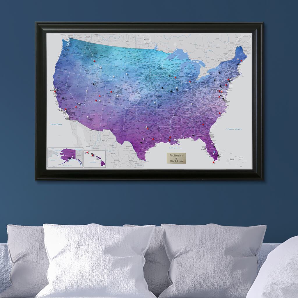 Vibrant Violet Watercolor USA Push Pin Travel Map Black Frame