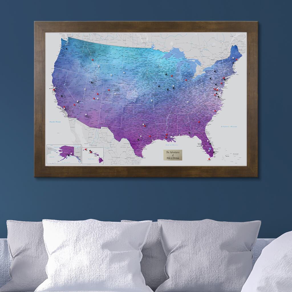 Vibrant Violet Watercolor USA Push Pin Travel Map in Rustic Brown Frame