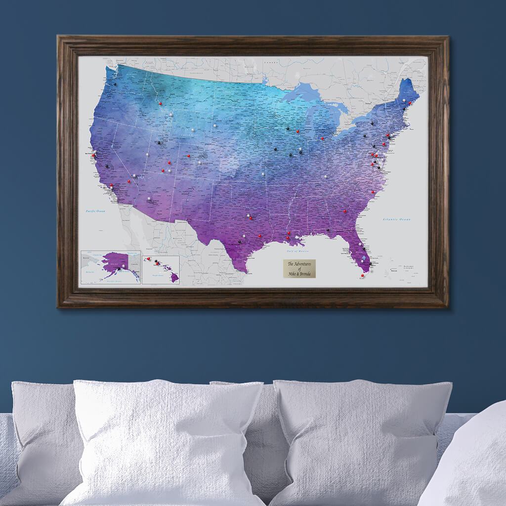 Vibrant Violet Watercolor USA Push Pin Travel Map in Solid Wood Brown Frame