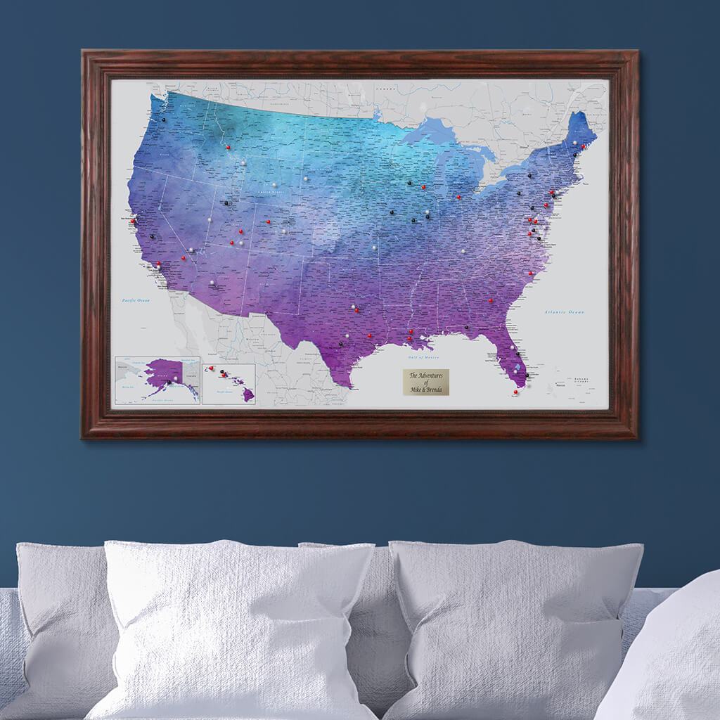 Vibrant Violet Watercolor USA Push Pin Travel Map in Solid Wood Cherry Frame