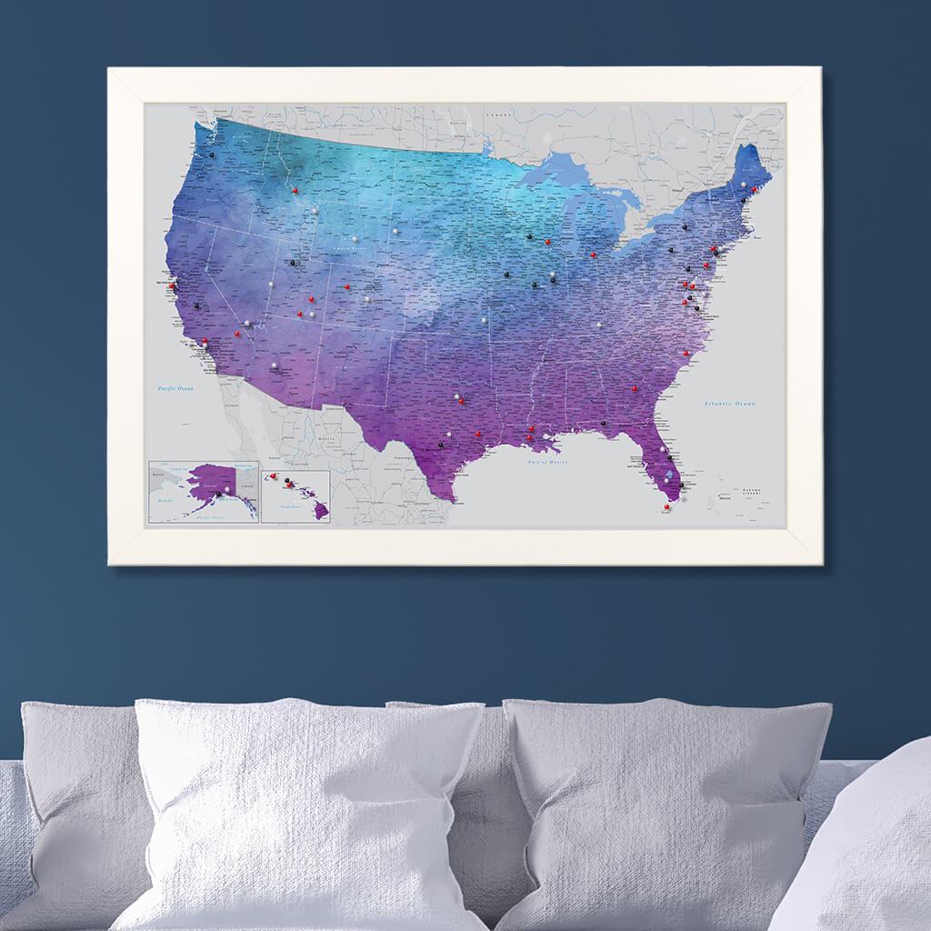 Vibrant Violet Watercolor USA Push Pin Travel Map in Textured White Frame