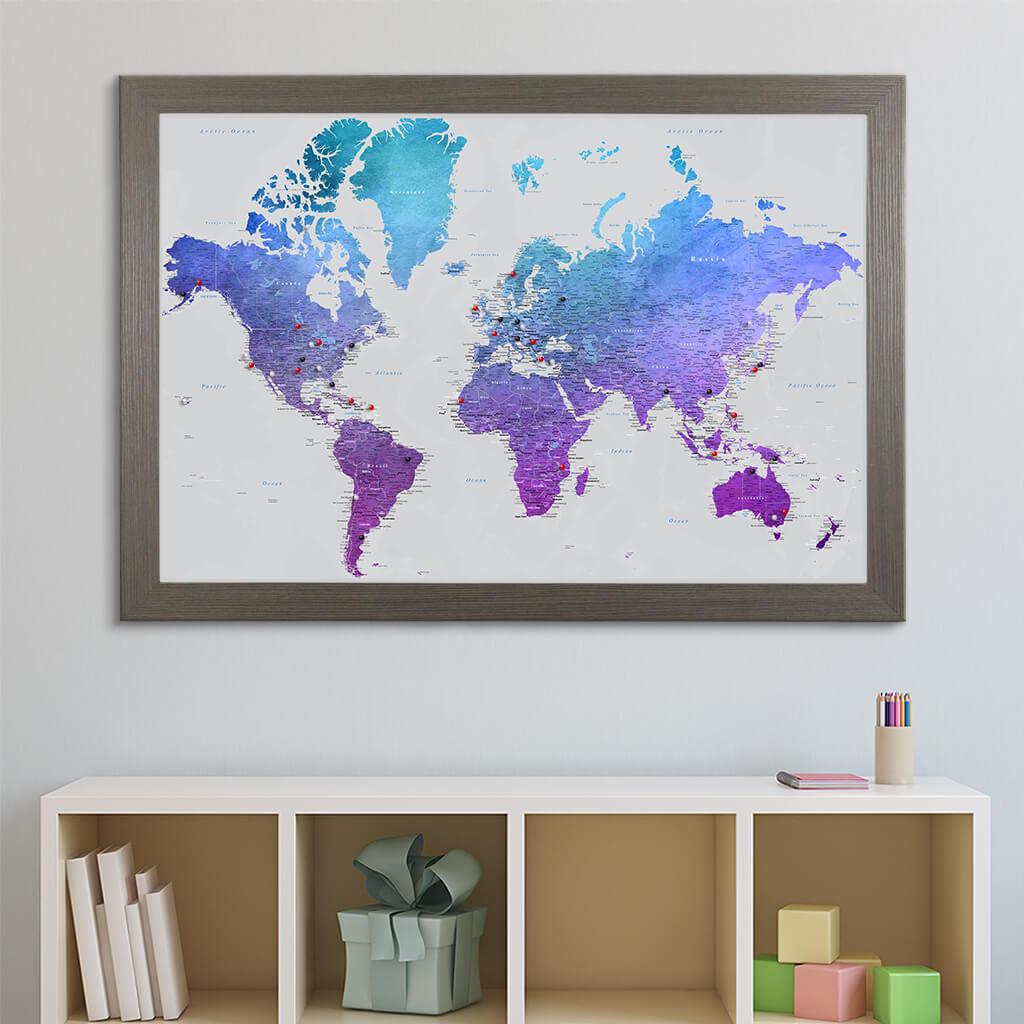 Vibrant Violet Watercolor World Travelers Map in Barnwood Gray Frame