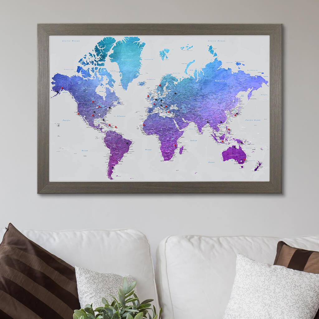 Canvas Vibrant Violet World Map in Barnwood Gray Frame