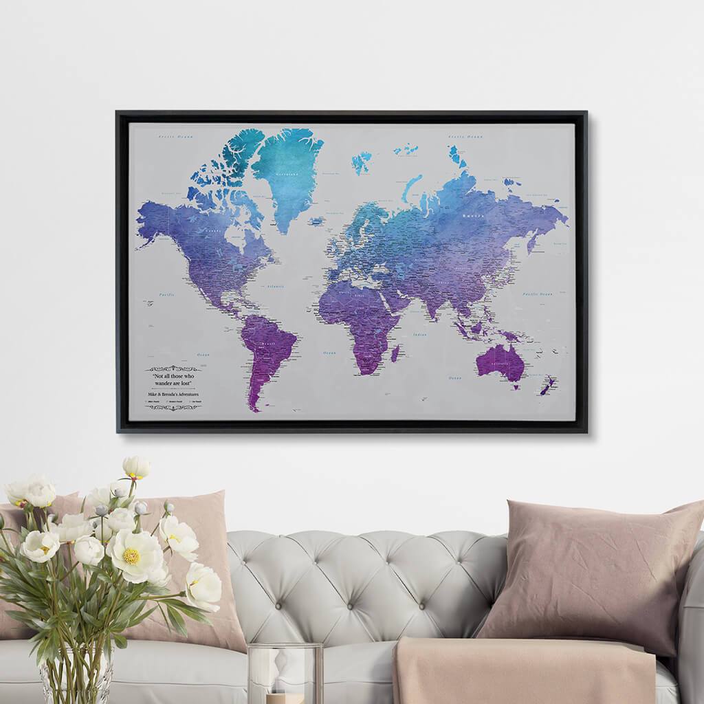 Black Float Frame - 24x36 Gallery Wrapped Canvas Vibrant Violet Watercolor World Push Pin Map