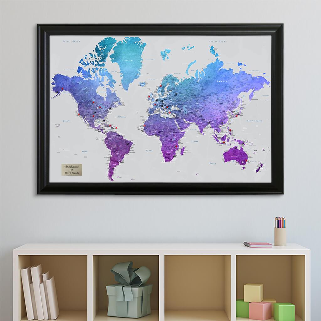 Vibrant Violet Watercolor World Push Pin Travel Map in Black Frame