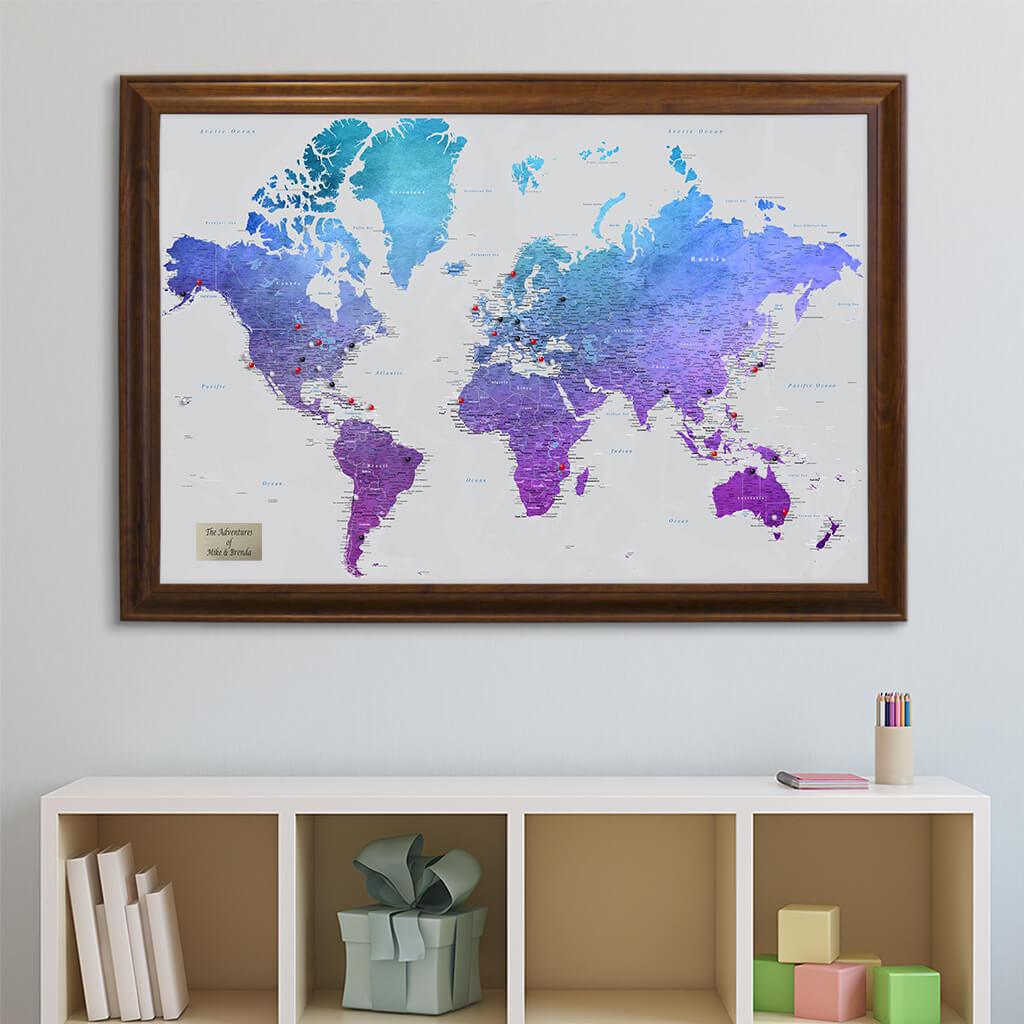 Vibrant Violet Watercolor World Pinboard Travel Map in Brown Frame