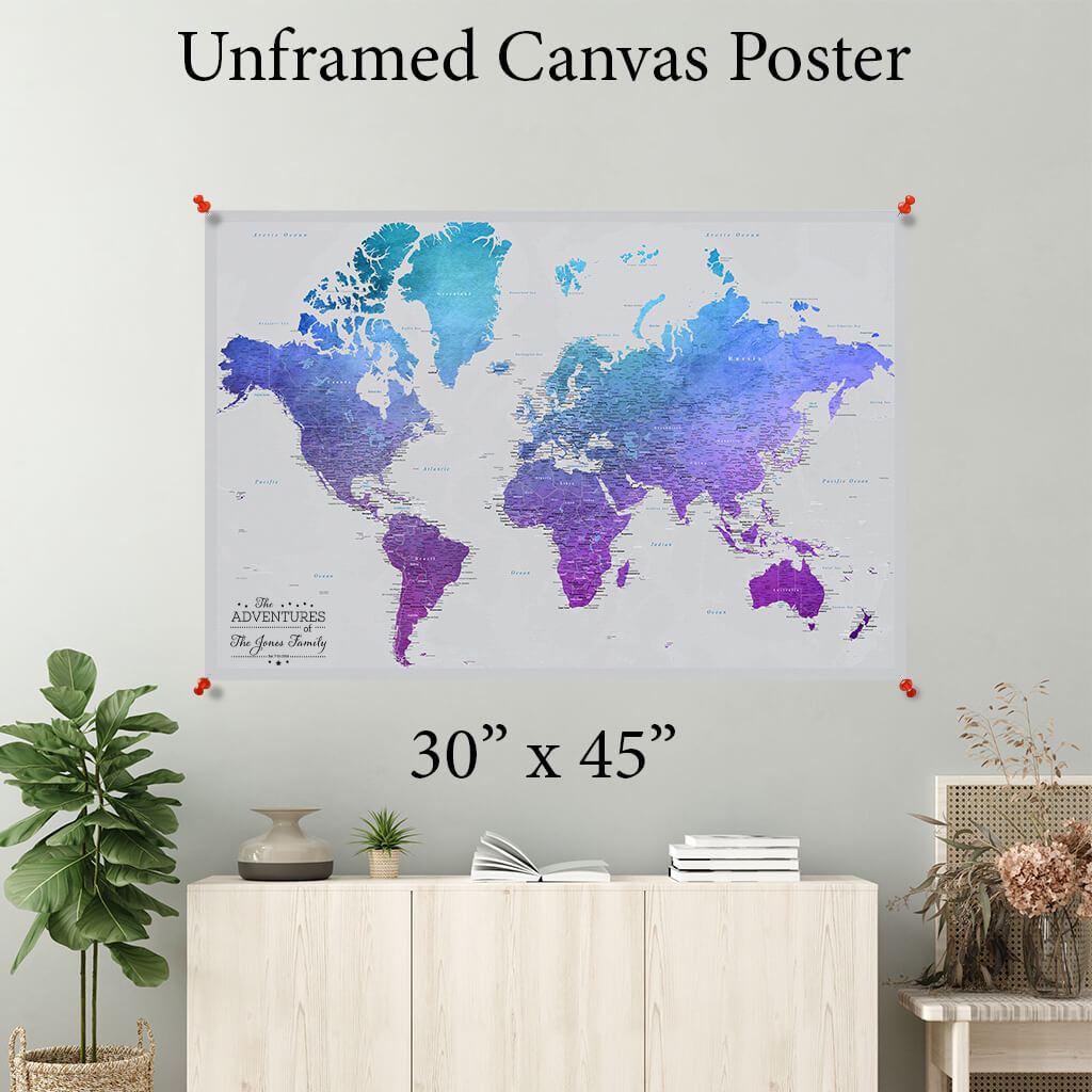 Vibrant Violet World Canvas Poster Map 30 x 45