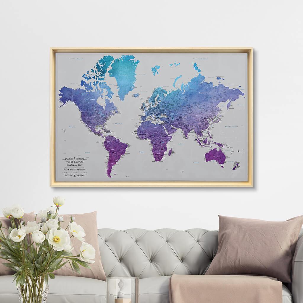 Natural Tan Float Frame - 24x36 Gallery Wrapped Canvas Vibrant Violet Watercolor World Push Pin Map 