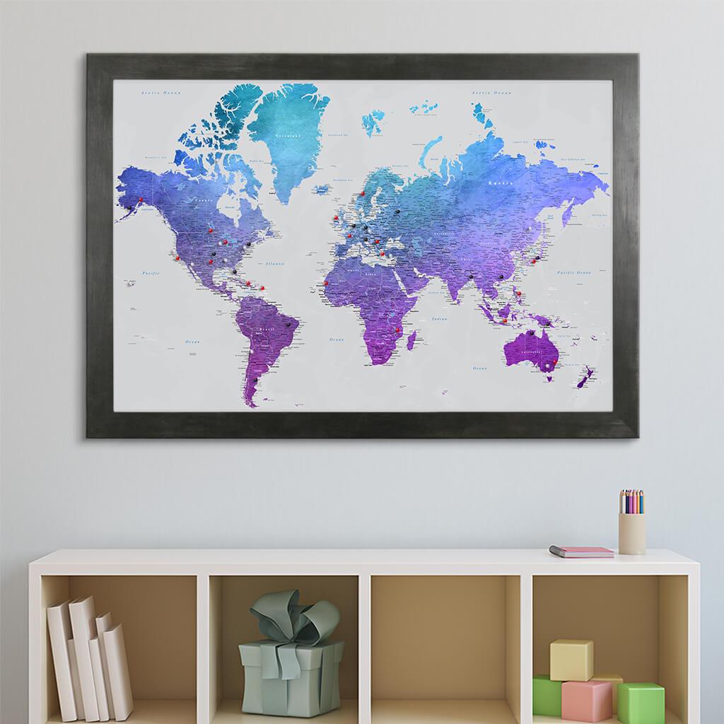 Vibrant Violet Watercolor World Push Pin Travel Map in Rustic Black Frame