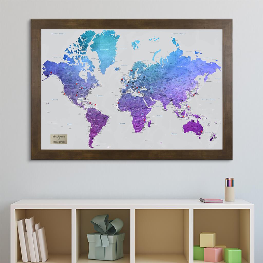 Push Pin Travel Map Vibrant Violet Watercolor World in Rustic Brown Frame