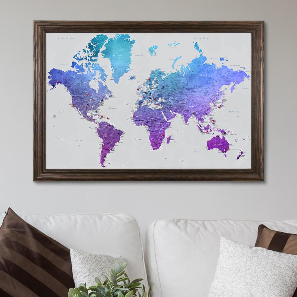 Canvas Vibrant Violet World Map in Solid Wood Brown Frame