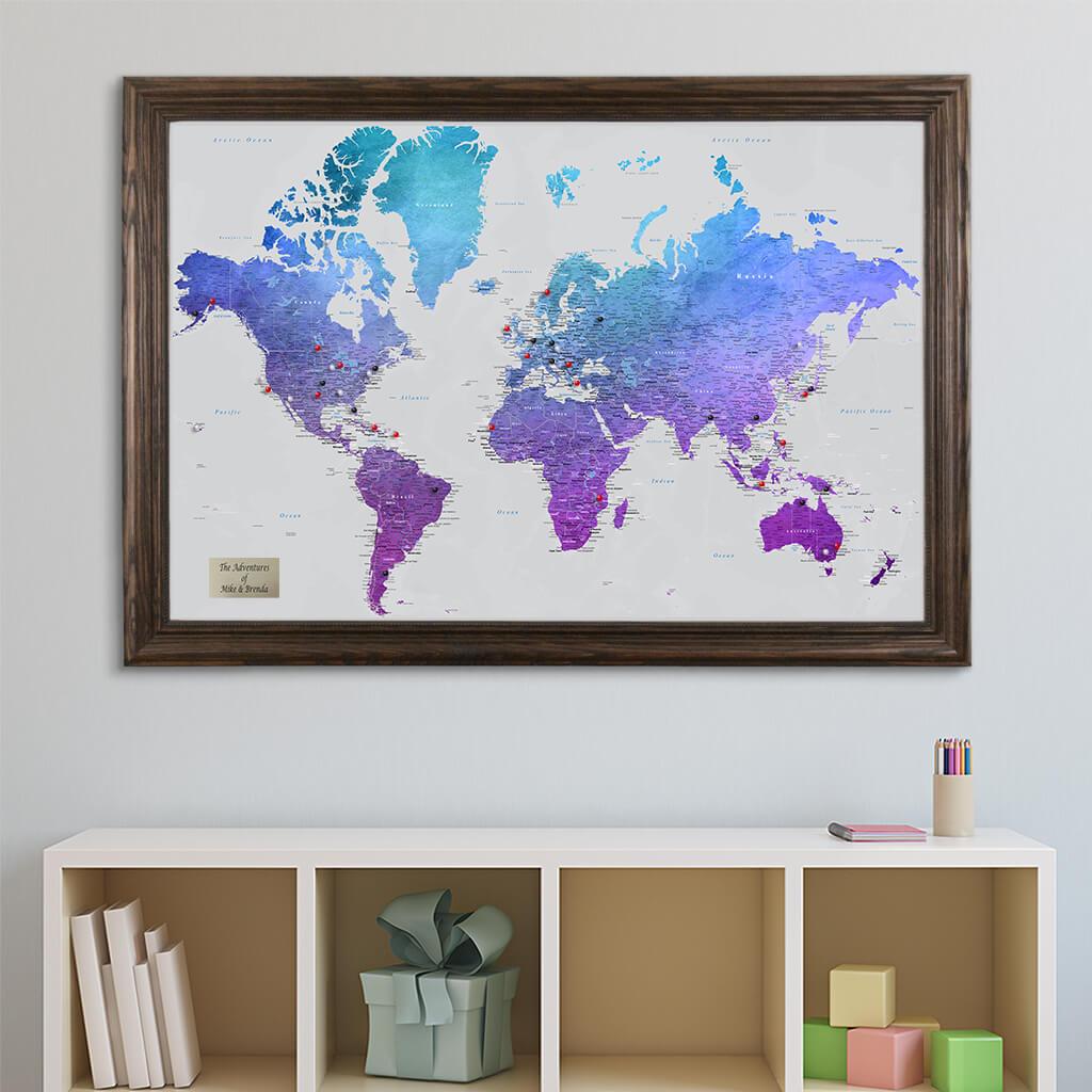 Pinnable Push Pin Map Vibrant Violet Watercolor Solid Wood Brown Frame