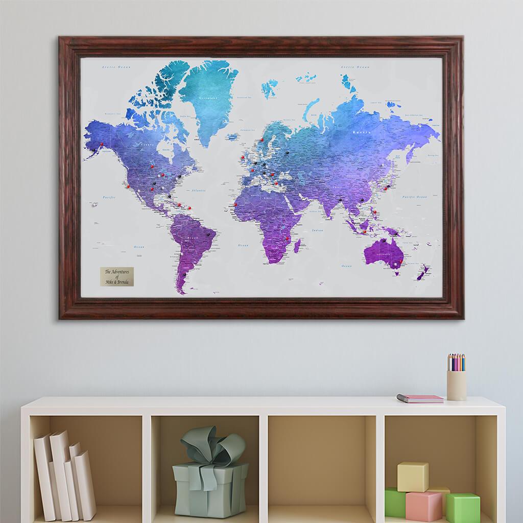 Vibrant Violet Watercolor World Push Pin Travel Map in Solid Wood Cherry Frame