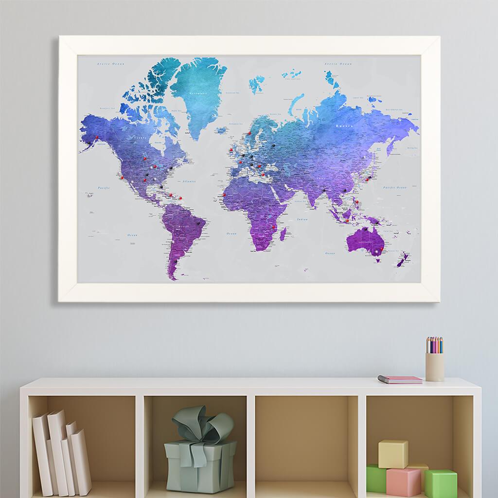 Vibrant Violet Watercolor World Framed Wall Map in Textured White Frame
