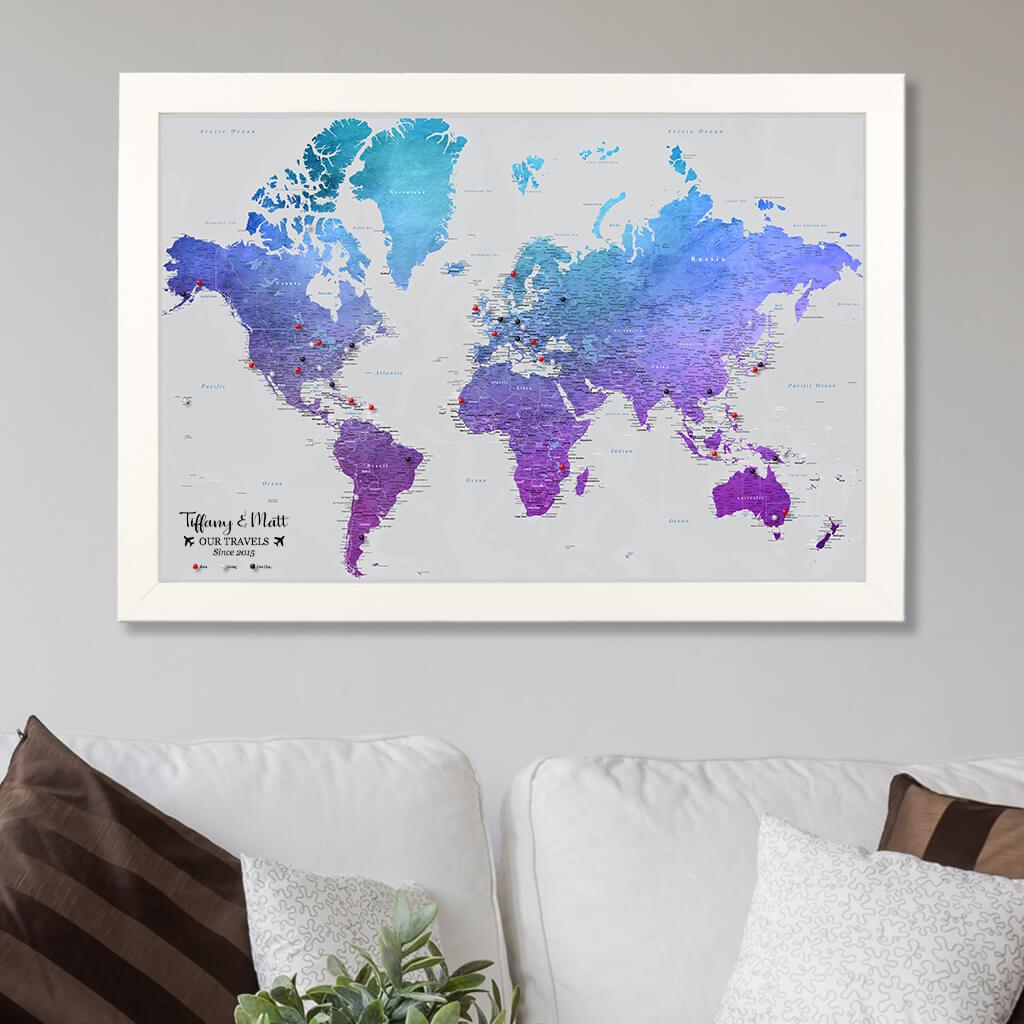 Canvas Vibrant Violet World Map in Textured White Frame