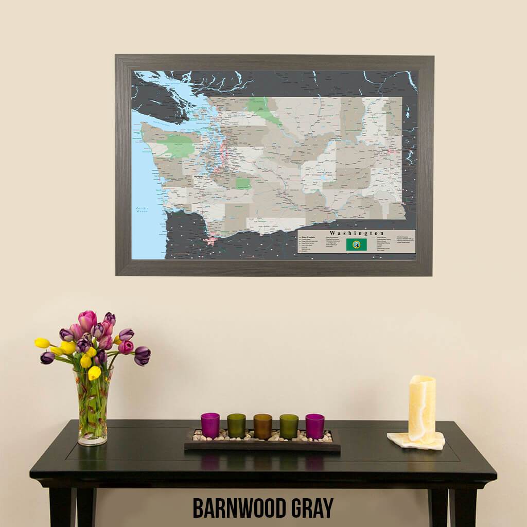 Earth Toned Washington State Push Pin Travel Map Barnwood Gray Frame