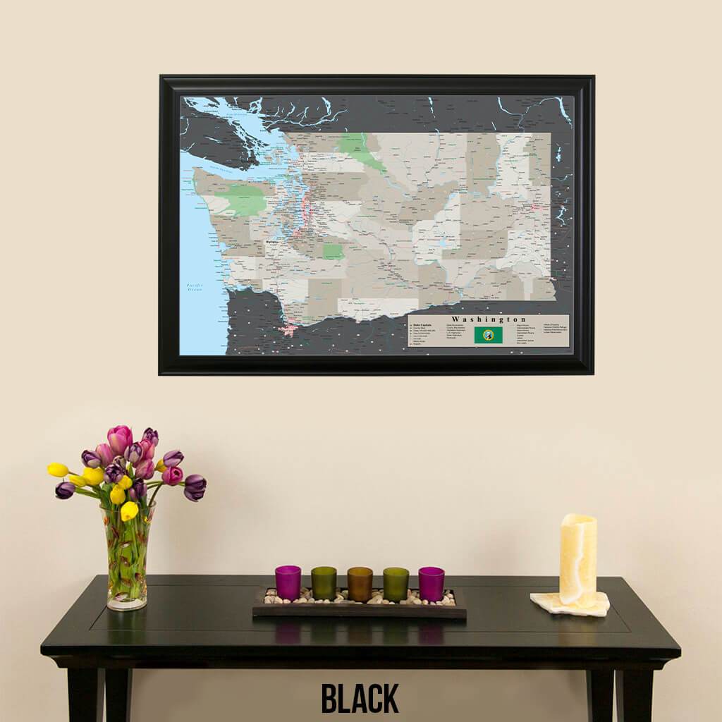 Earth Toned Washington State Push Pin Travel Map Black Frame