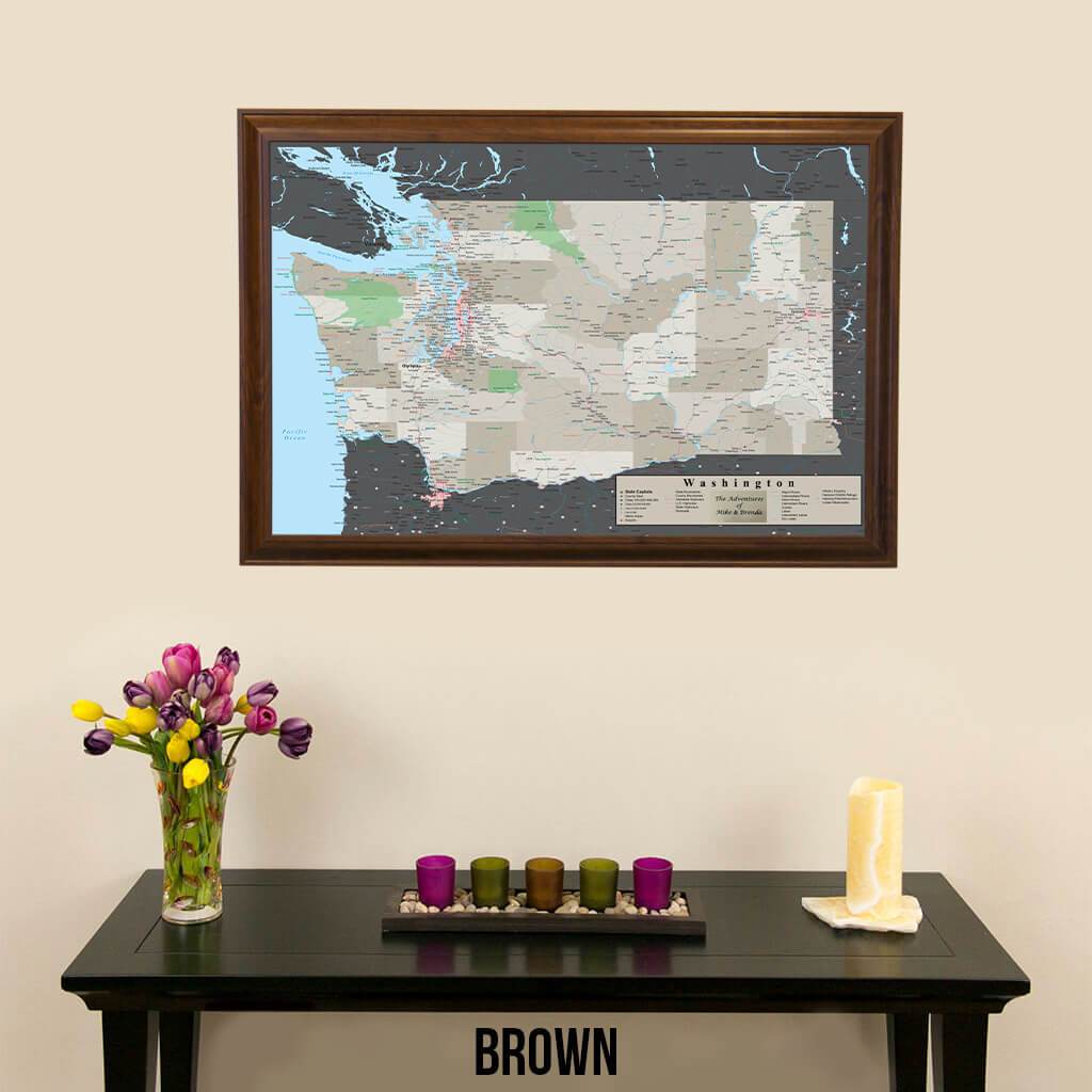 Earth Toned Washington State Push Pin Travel Map Brown Frame