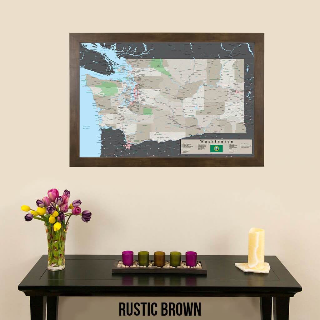 Earth Toned Washington State Push Pin Travel Map Rustic Brown Frame