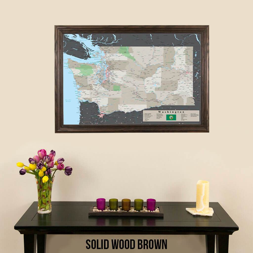 Earth Toned Washington State Push Pin Travel Map Solid Wood Brown Frame