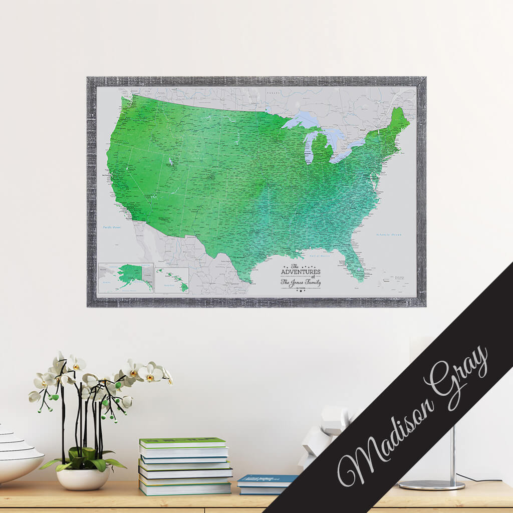 Enchanting Emerald Watercolor USA Canvas Map in Premium Madison Gray Frame