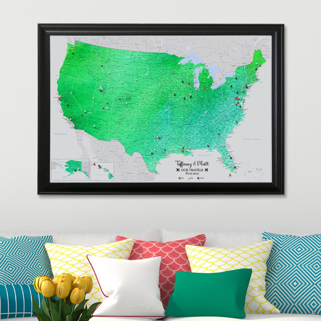 Enchanting Emerald Watercolor USA Canvas Map in Black Frame