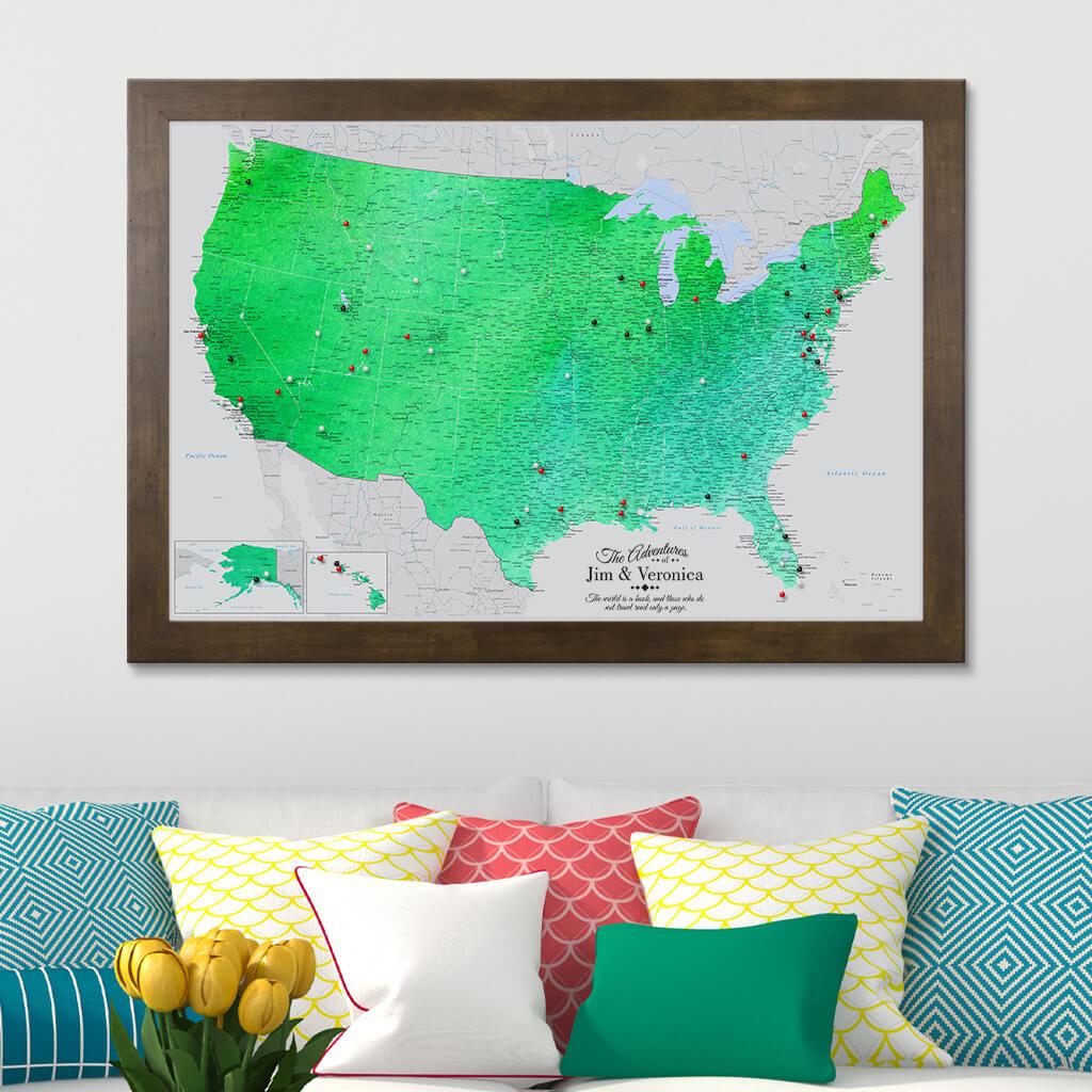 Enchanting Emerald Watercolor USA Canvas Map in Rustic Brown Frame