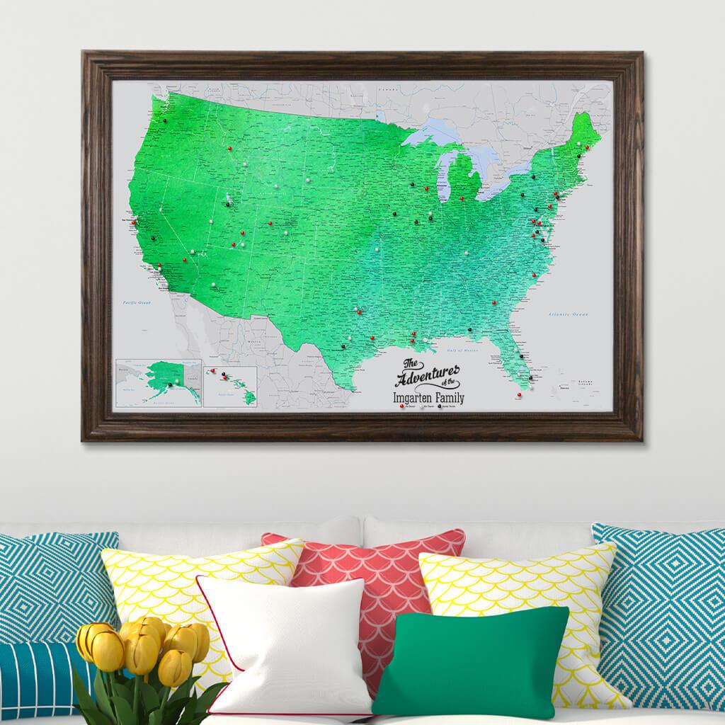 Enchanting Emerald Watercolor USA Canvas Map in Solid Wood Brown Frame