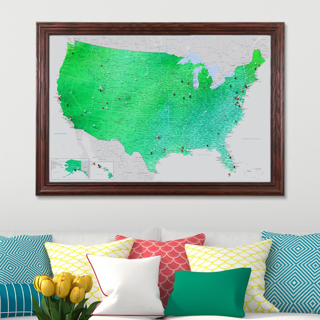 Enchanting Emerald Watercolor USA Canvas Map in Solid Wood Cherry Frame