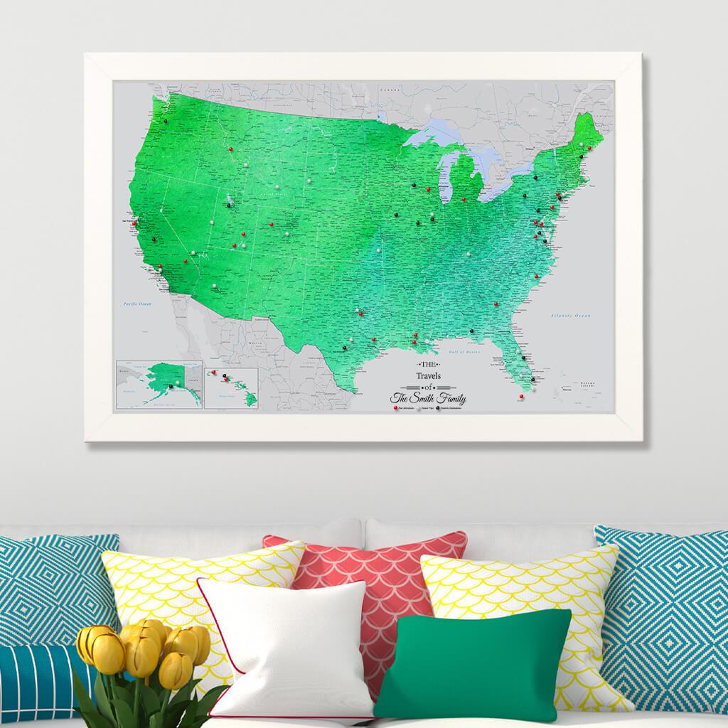 Enchanting Emerald Watercolor USA Canvas Map in Textured White Frame