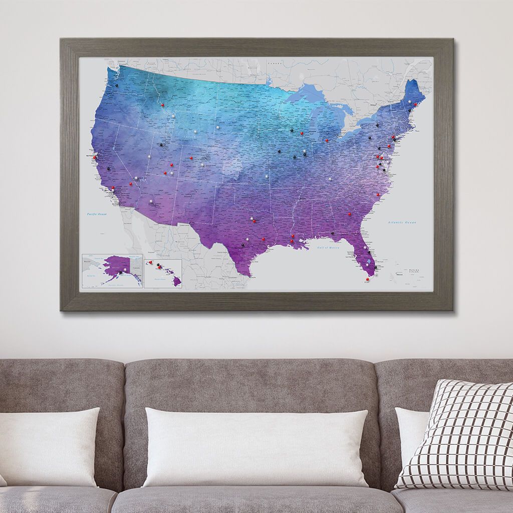 Canvas Vibrant Violet Watercolor USA Map with Pins Barnwood Gray Frame
