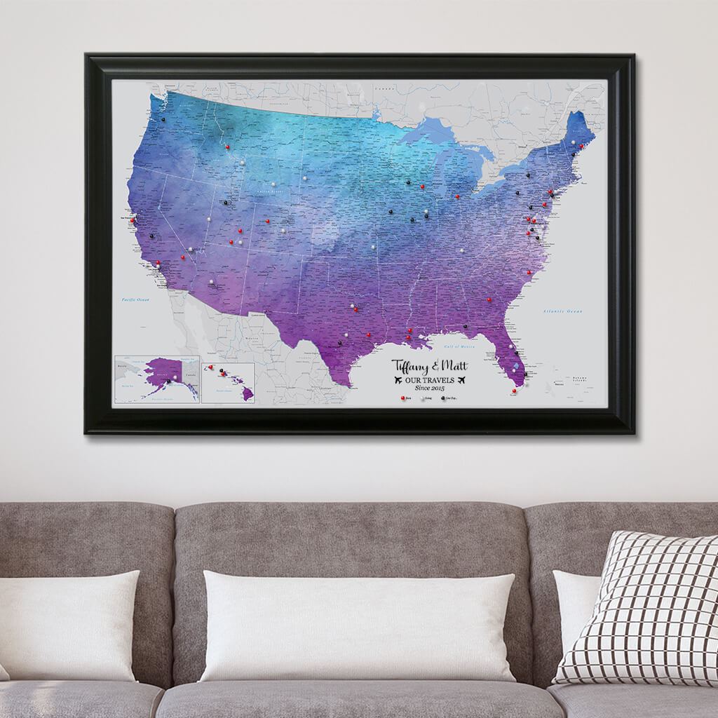 Canvas Vibrant Violet Watercolor USA Map Black Frame