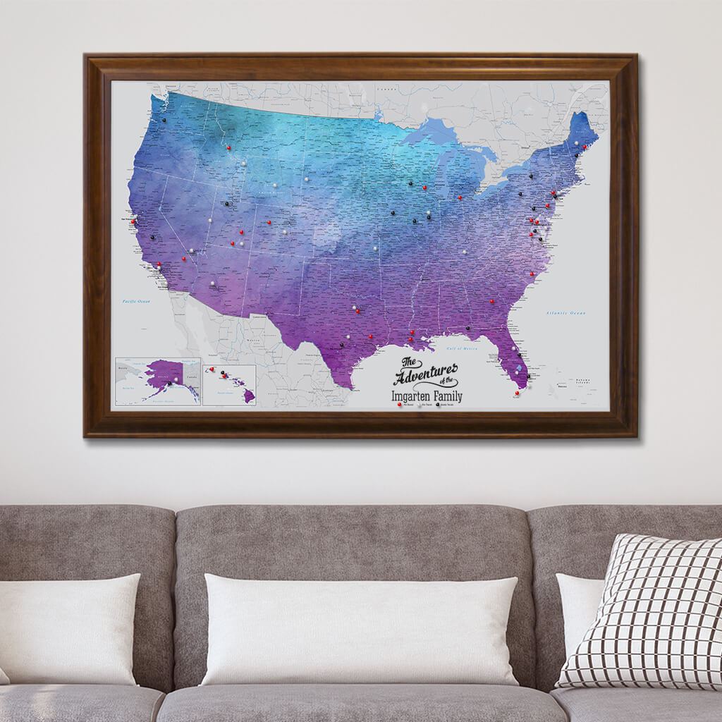 Canvas Vibrant Violet Watercolor USA Map with Pins Brown Frame