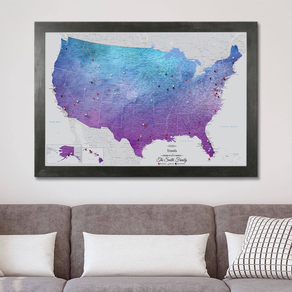 Canvas Vibrant Violet Watercolor USA Map with Pins Rustic Black Frame