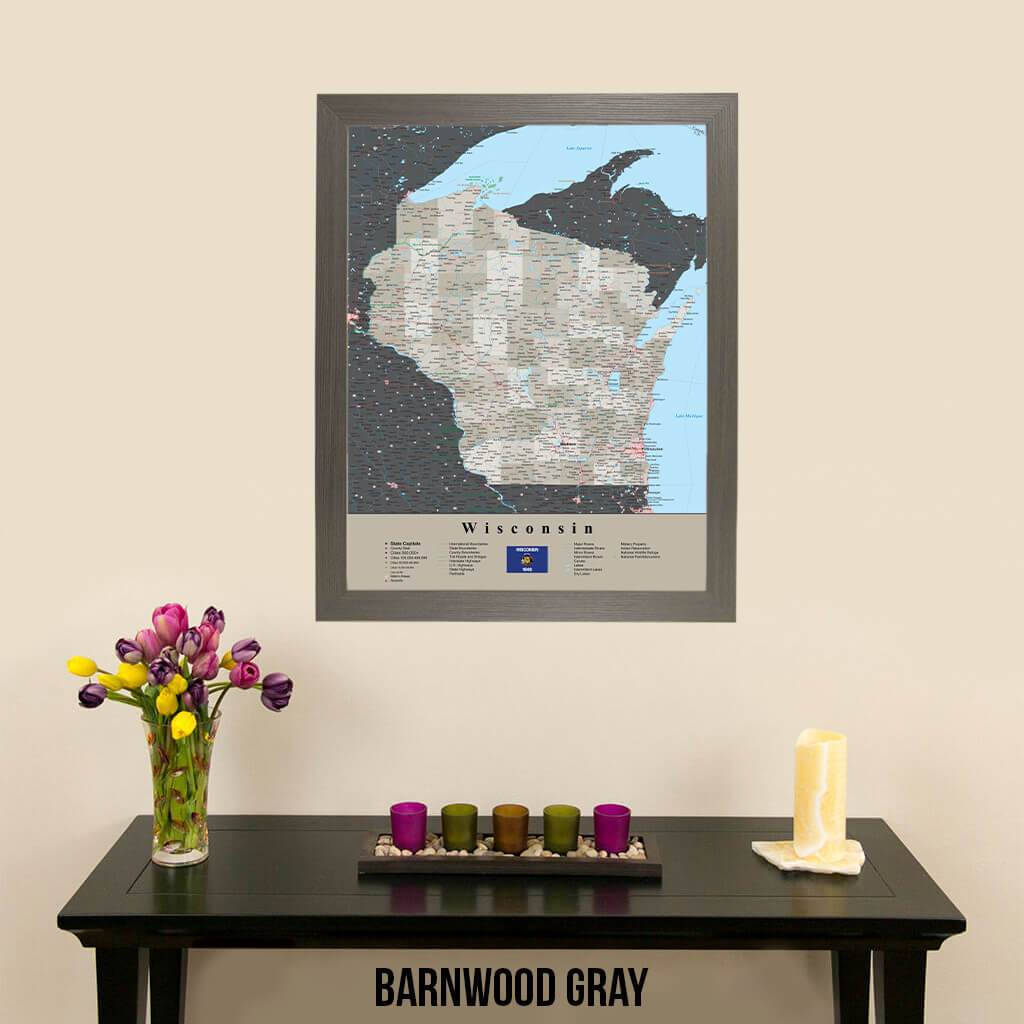 Earth Toned Wisconsin Travel Map with Pins Barnwood Gray Frame
