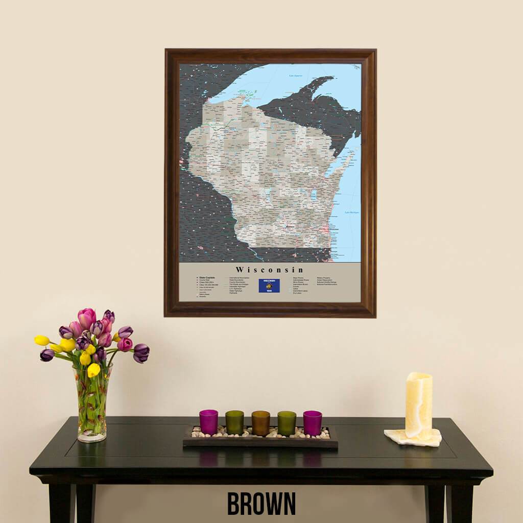 Earth Toned Wisconsin Travel Map with Pins Brown Frame
