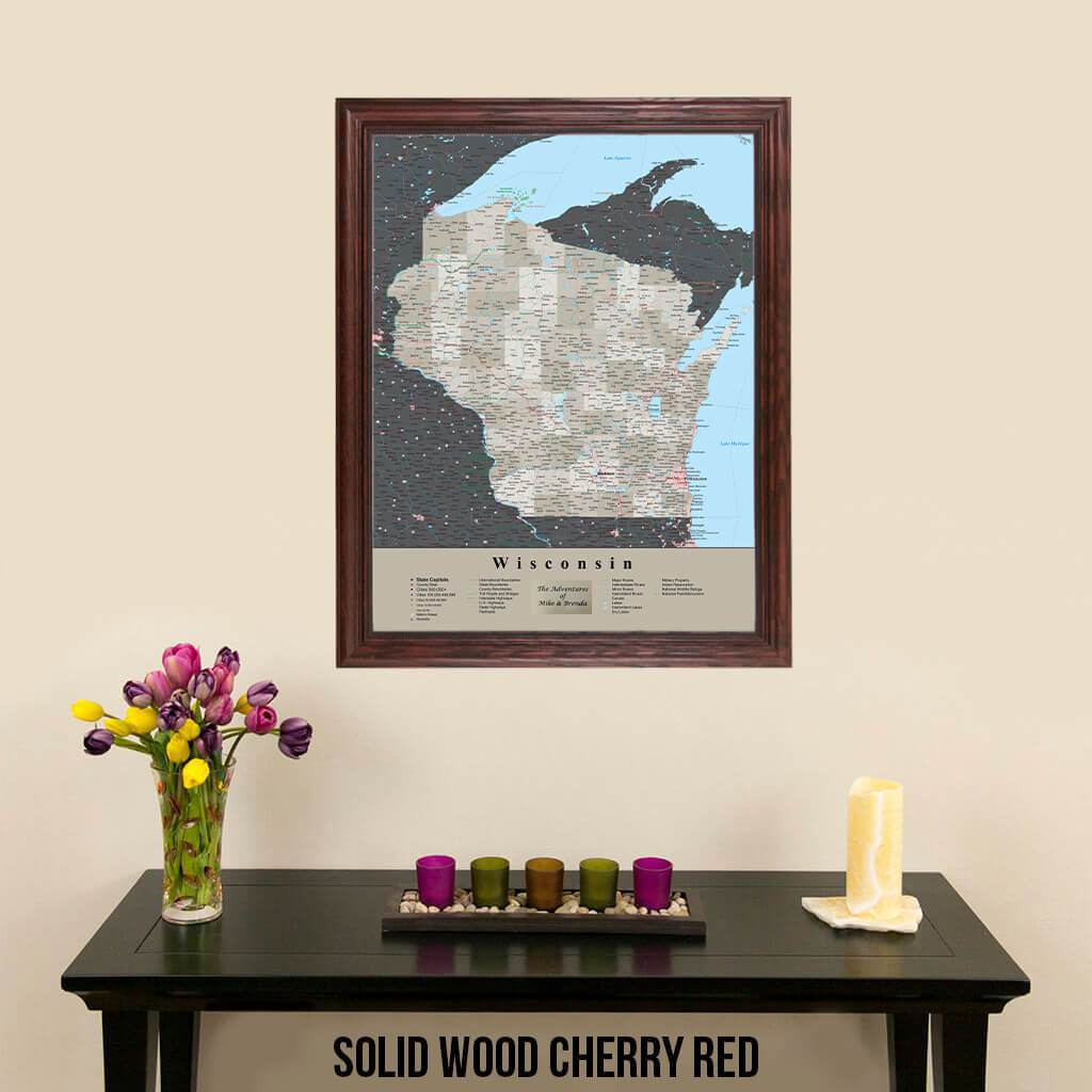 Earth Toned Wisconsin Travel Map with Pins Solid Wood Cherry Frame