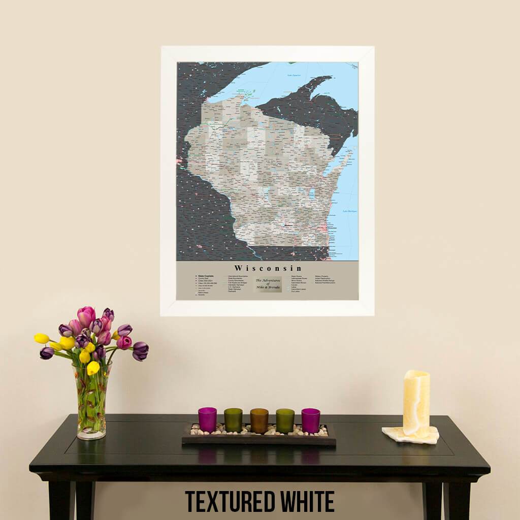 Earth Toned Wisconsin Travel Map with Pins Textured White Frame