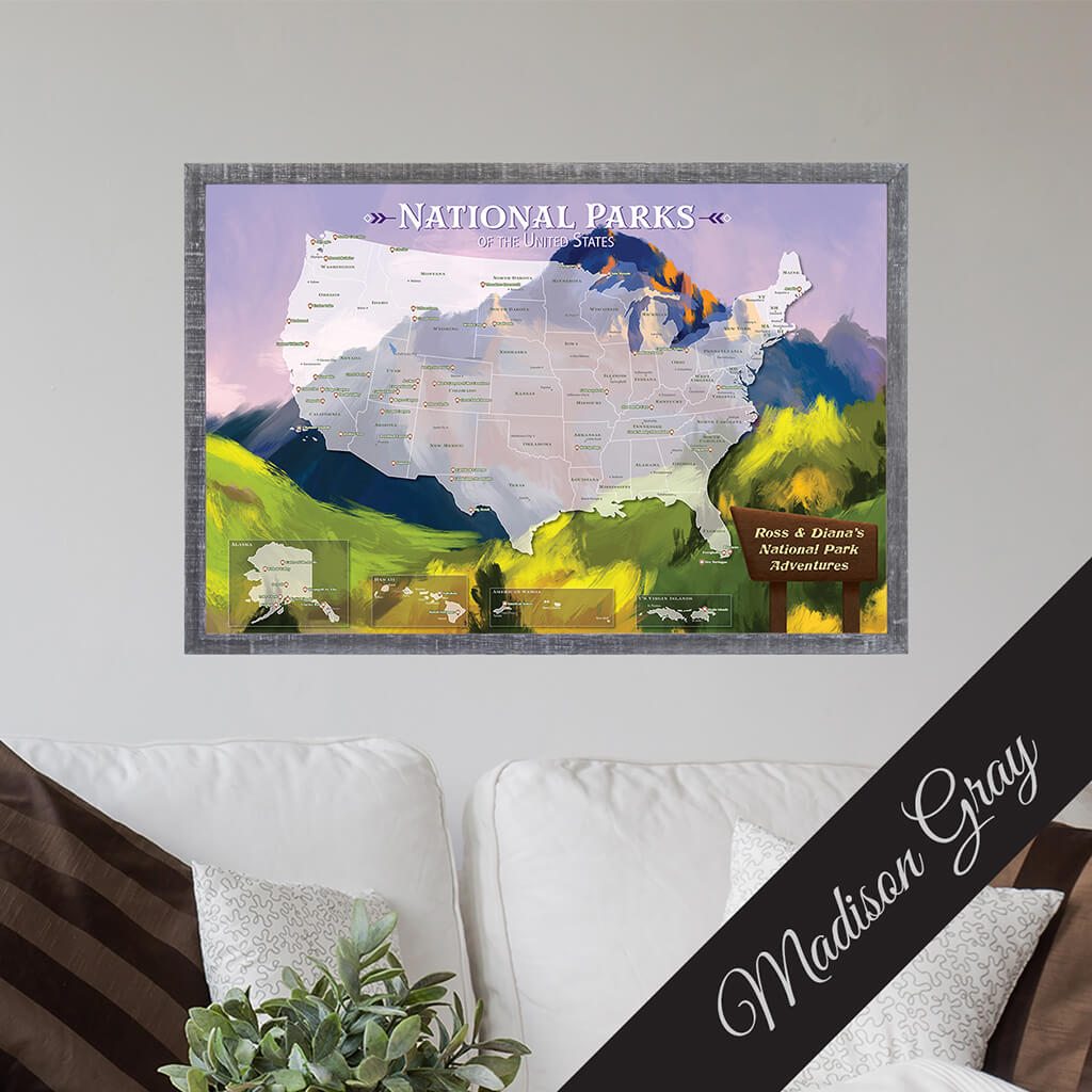 Canvas National Parks Watercolor Travel Map - Premium Madison Gray Frame