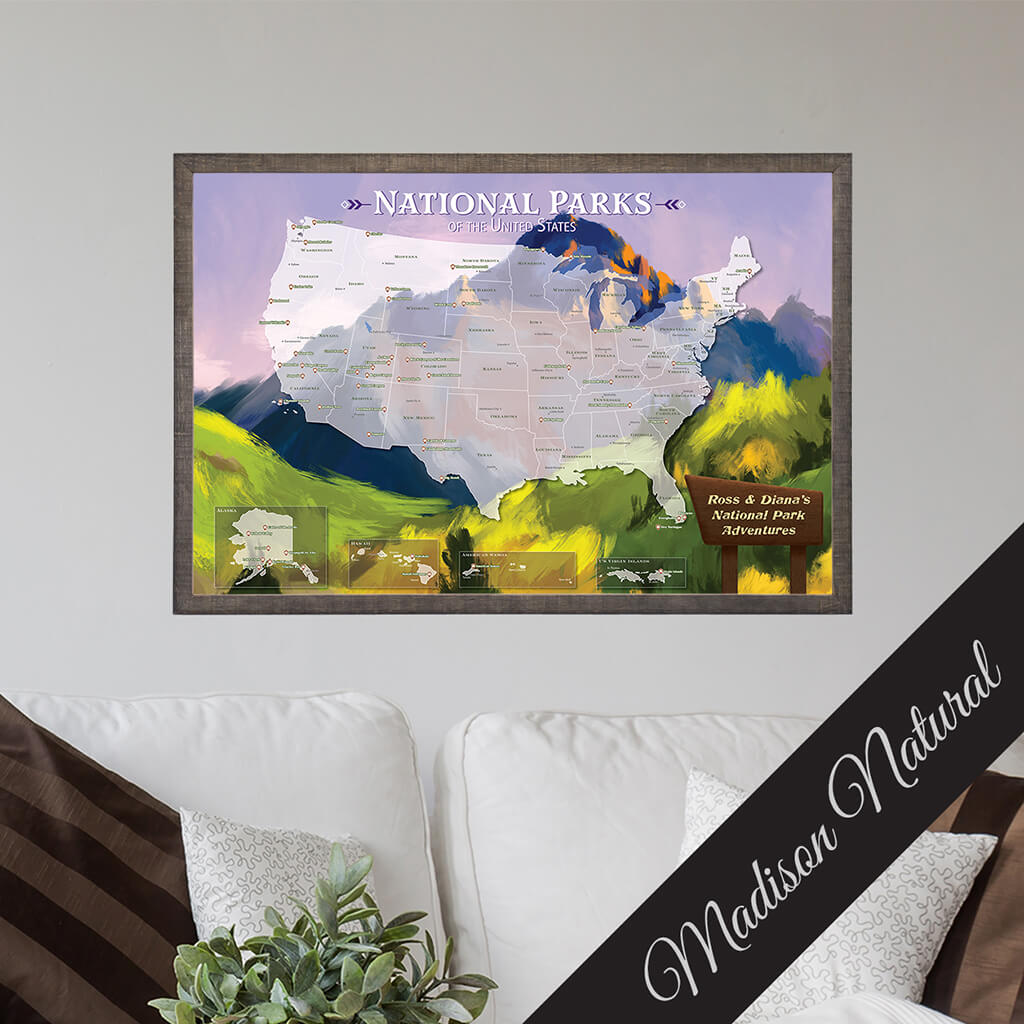 Canvas National Parks Watercolor Travel Map - Premium Madison Natural Frame